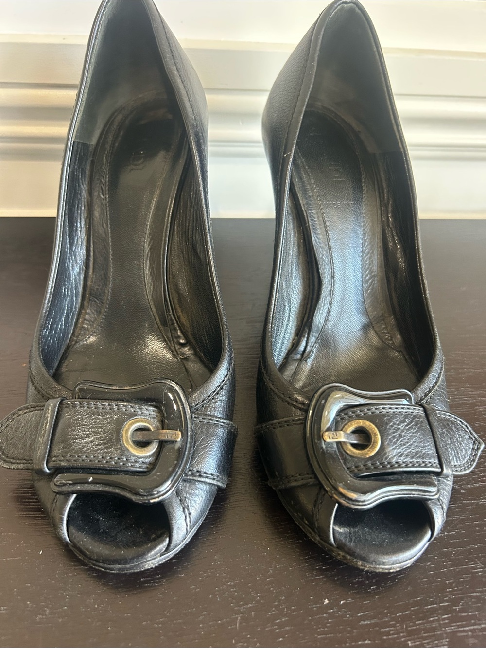 Fendi Black Leather Peep-Toe Heels with Buckle Accent